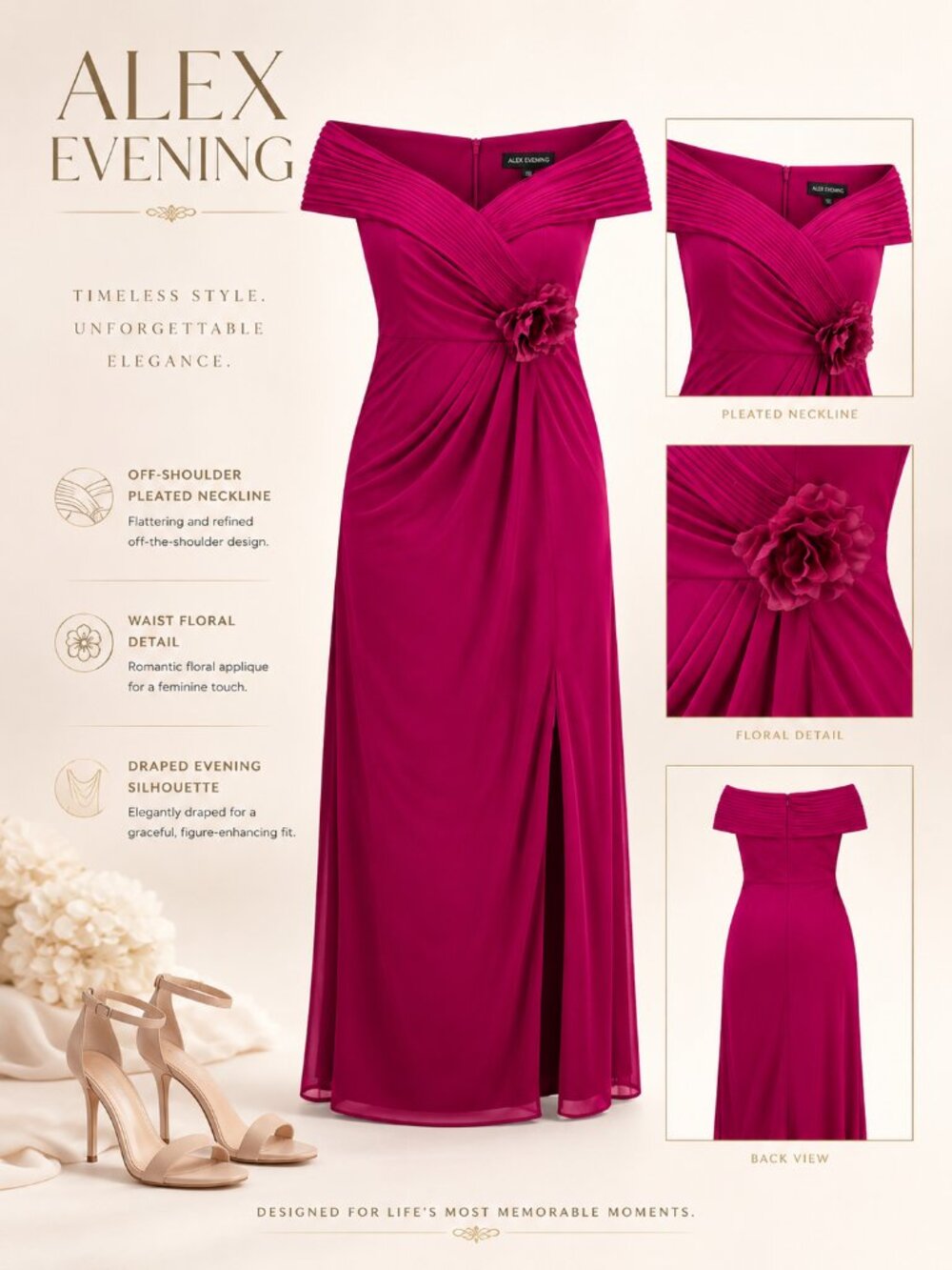 Alex Evenings Gown Magenta Rosette Trim Slit Front A Line Dress NWT Wedding